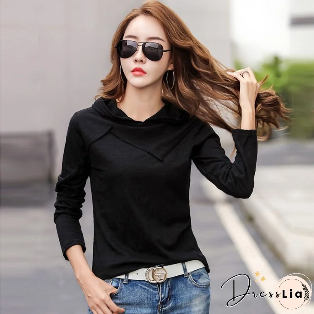 Long Sleeve Hooded T-shirt Bamboo Cotton Autumn Winter Tops New T Shirt Women Casual Patchwork Tee Shirt Femme White Black