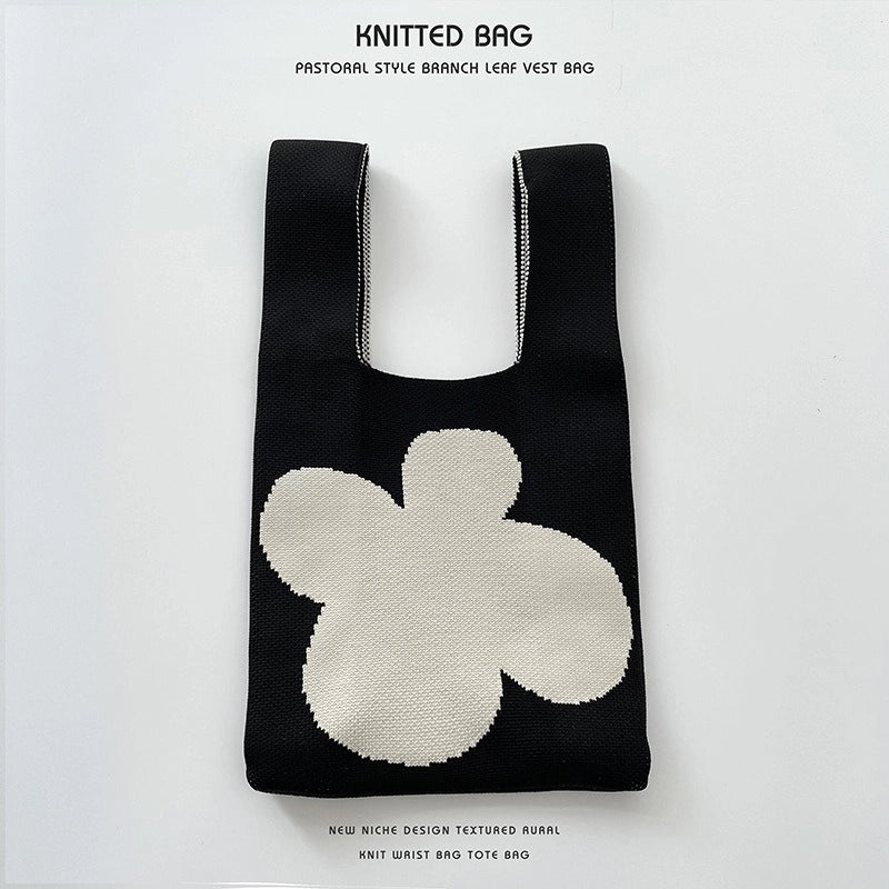 Women’s Medium Knit Letter Flower Cute Vintage Style Square Open Handbag