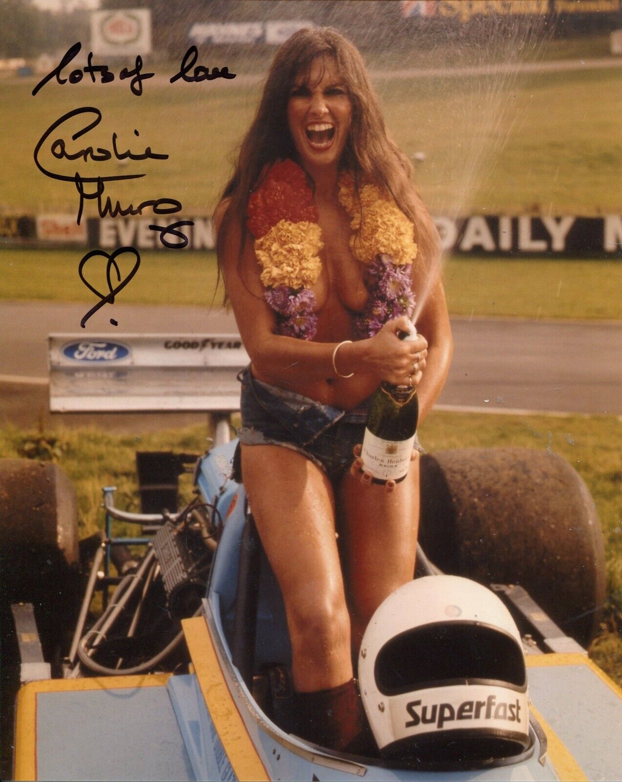 Bond girl & Model Caroline Munro signed 8x10 Motor Racing champagne spray Photo Poster painting