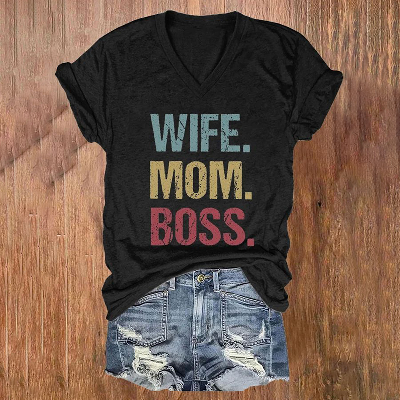 Comstylish Mother's Day Wife Mom Boss Printed V-Neck T-Shirt