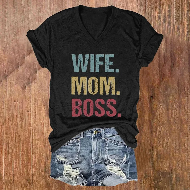 Mother's Day Wife Mom Boss Printed V-Neck T-Shirt