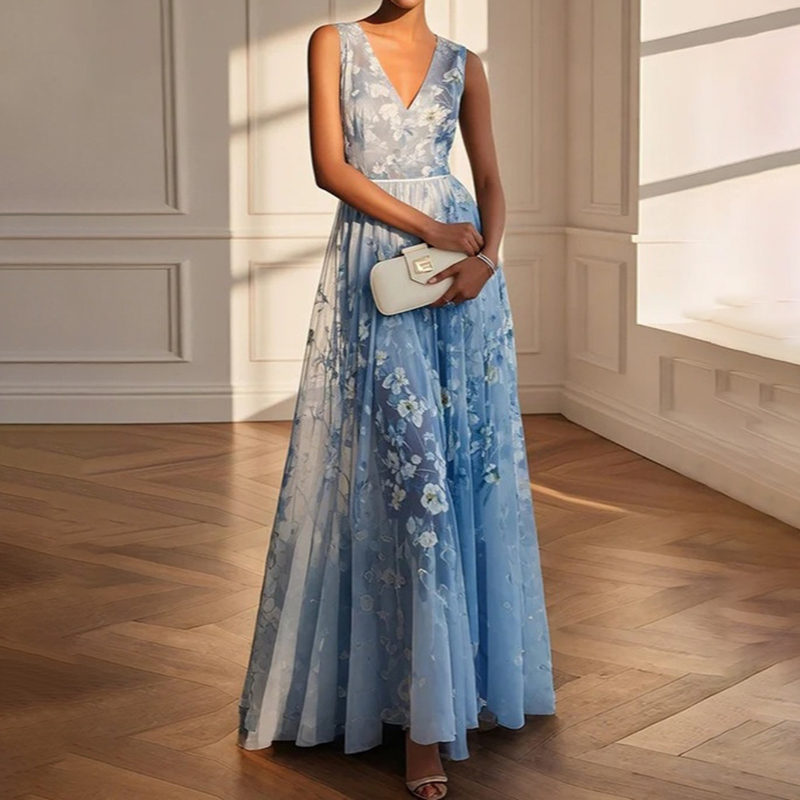 Elegant Chiffon Floral Print Sleeveless Dress elevenforest