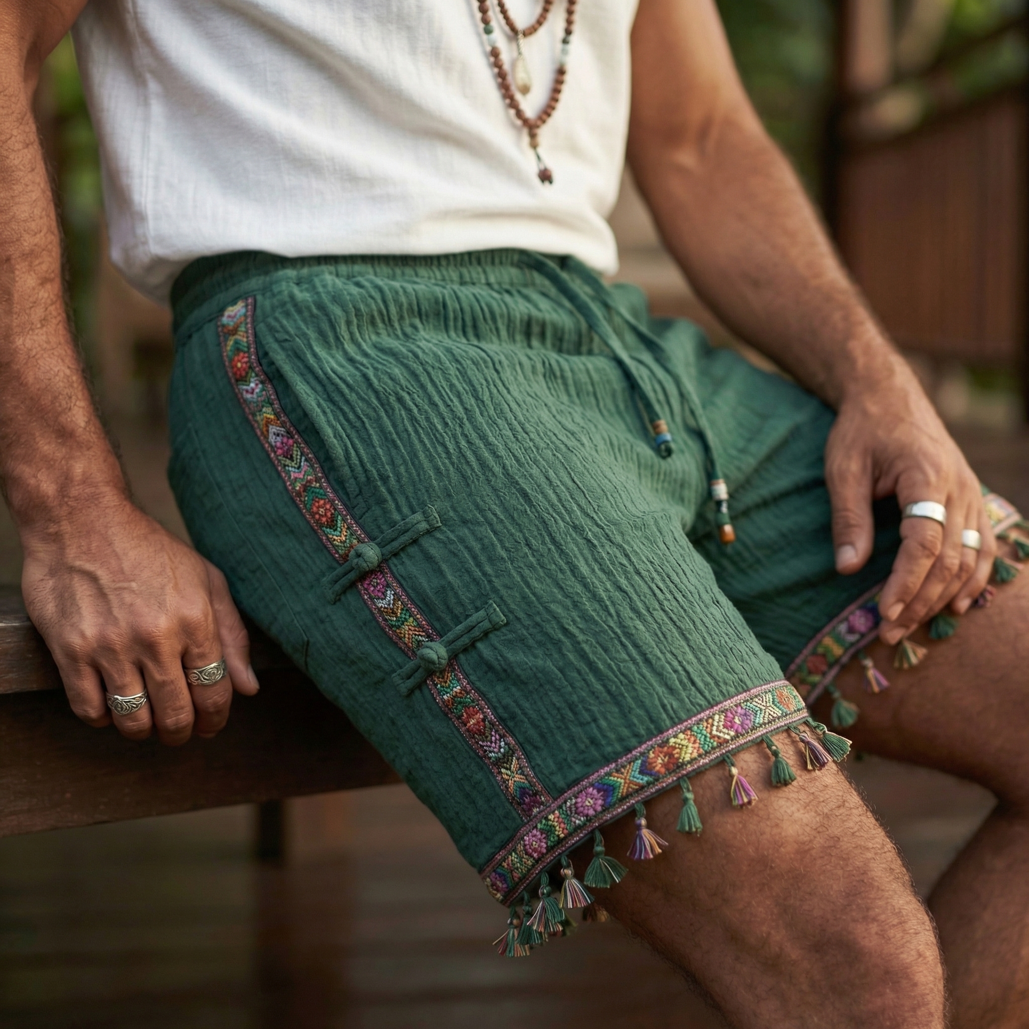 Boho Fringe Cotton Linen Dress with Deep V-Neck and Tassel Details