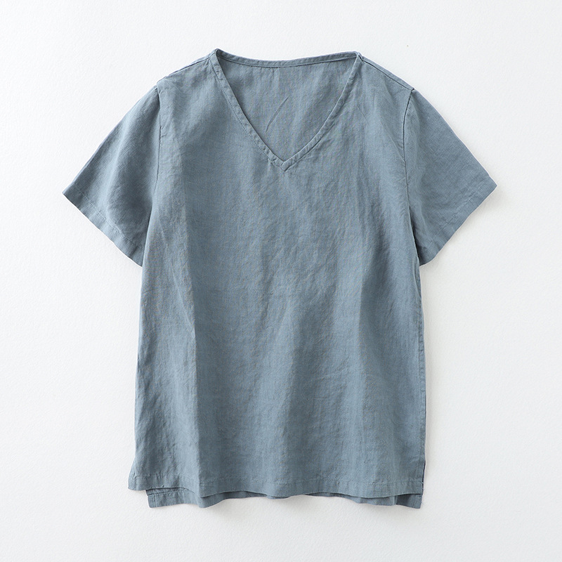 Simple cotton linen V-neck T-shirt