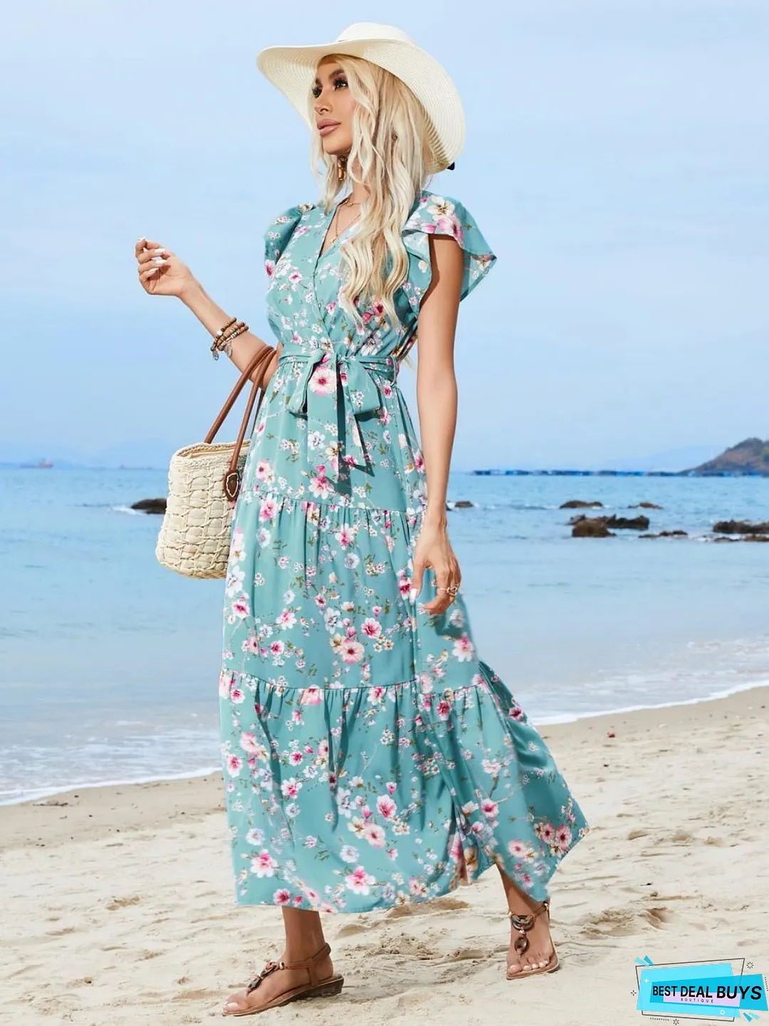 Ruffled Printed Surplice Cap Sleeve Midi Dress