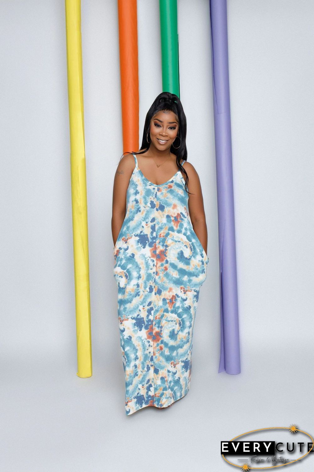 Printed Tie-dyed Sexy Sling V-neck Dress Long Skirt