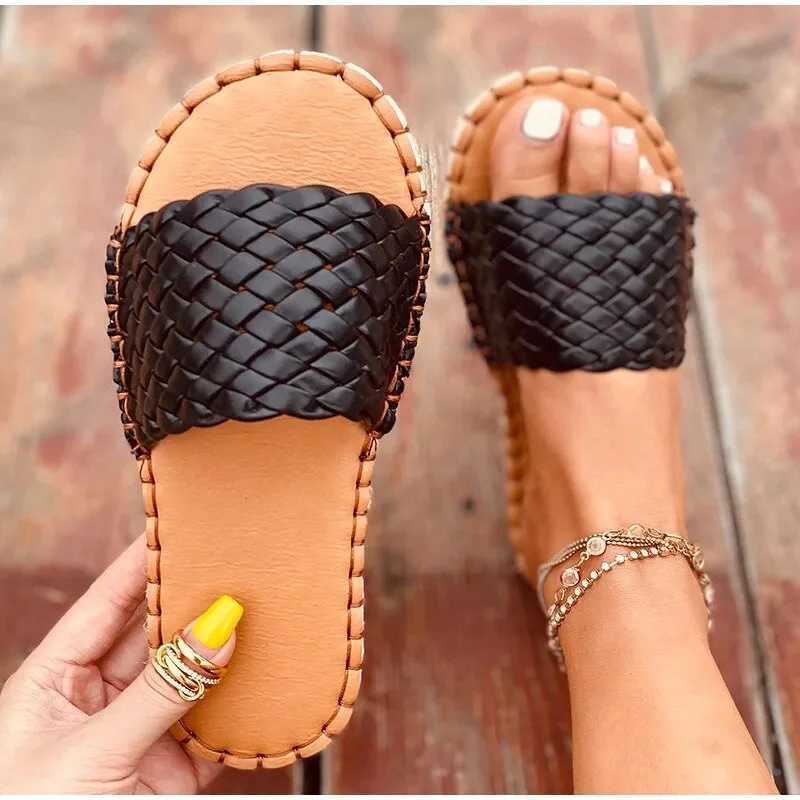 New Summer Women Flat Casual Woven Knitted Sewing Slippers Shoes Women Flip Flops Flat Espadrilles Slides Sandals Slippers Shoes