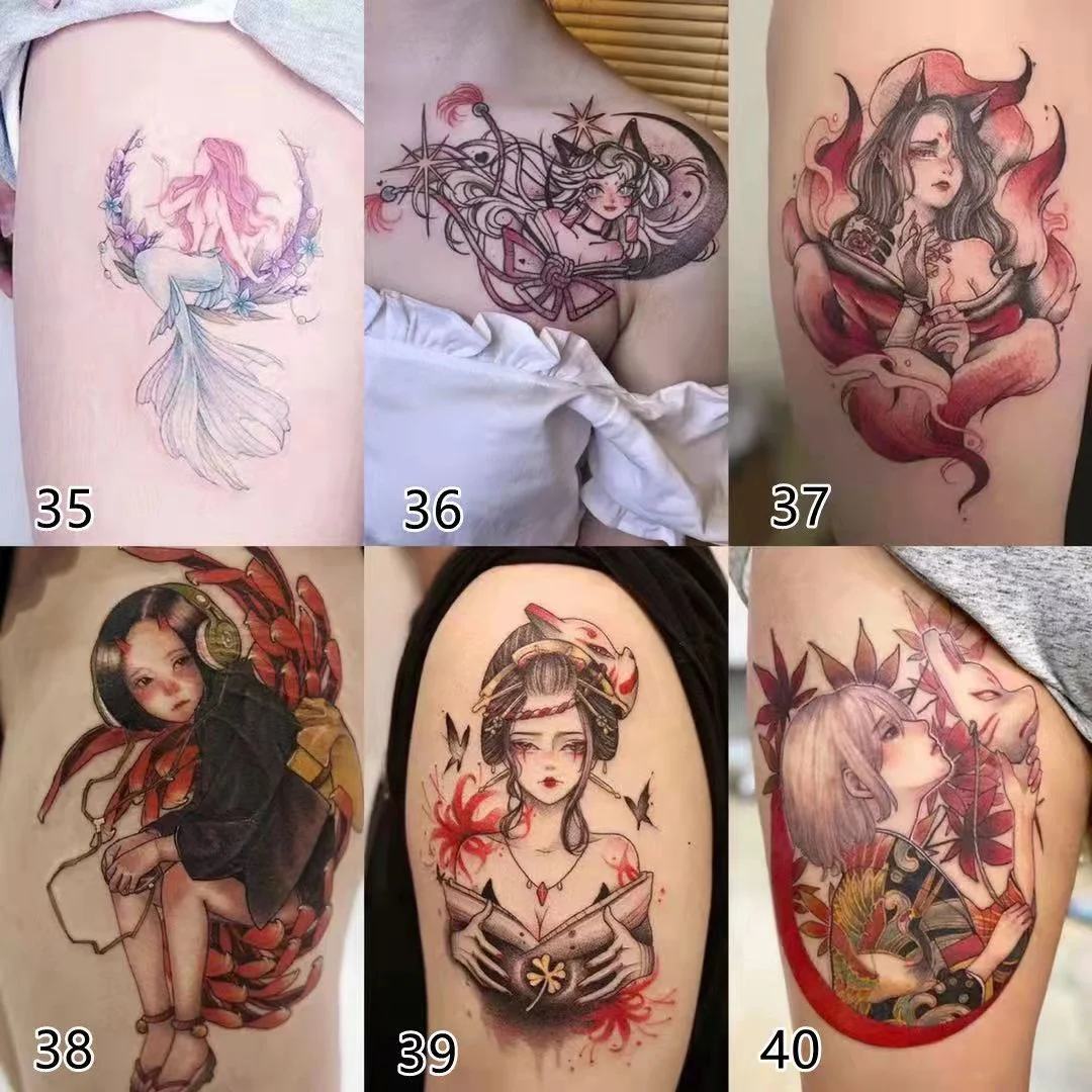 New 6pc/Lot Japanese Cartoon Beautiful Girl Temporary Tattoo Stickers Female Waterproof Cool Fake Tattoo Art Arm Tattoo Stickers