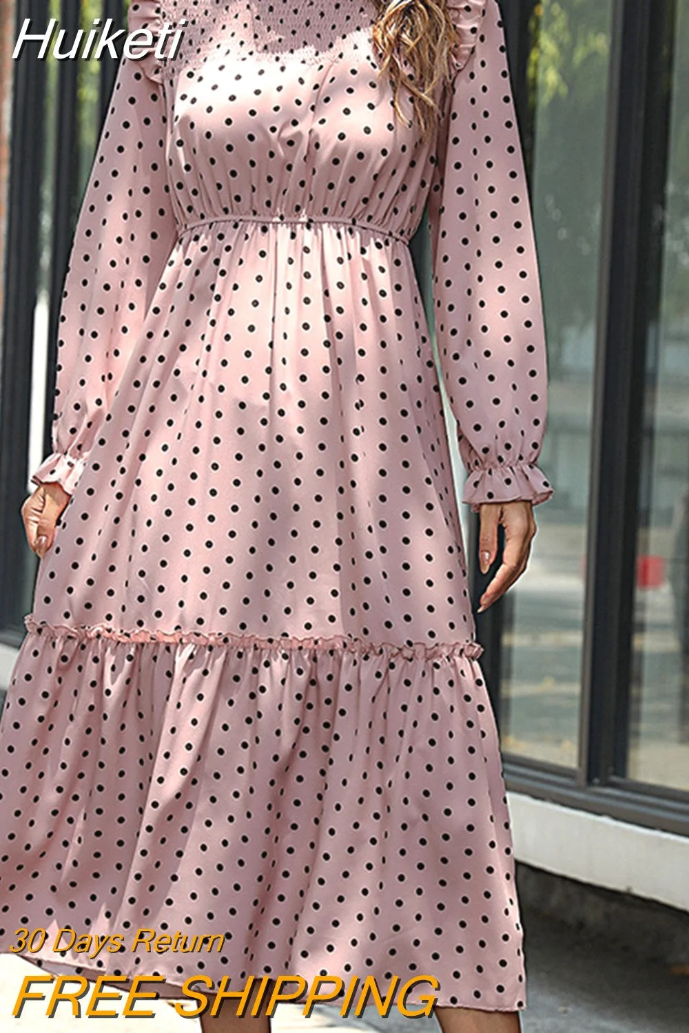 Huiketi 2023 New Fashion Women's Temperament Pink Long Sleeved Polka Dot Dress Autumn Ruffles Loose A Line Dresses