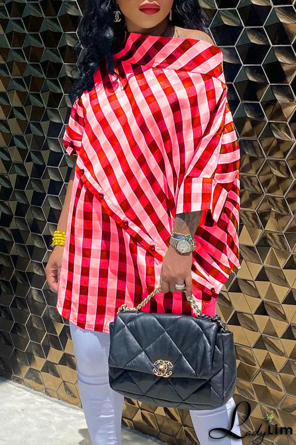 Black Casual Plaid Print Patchwork Asymmetrical Oblique Collar Tops