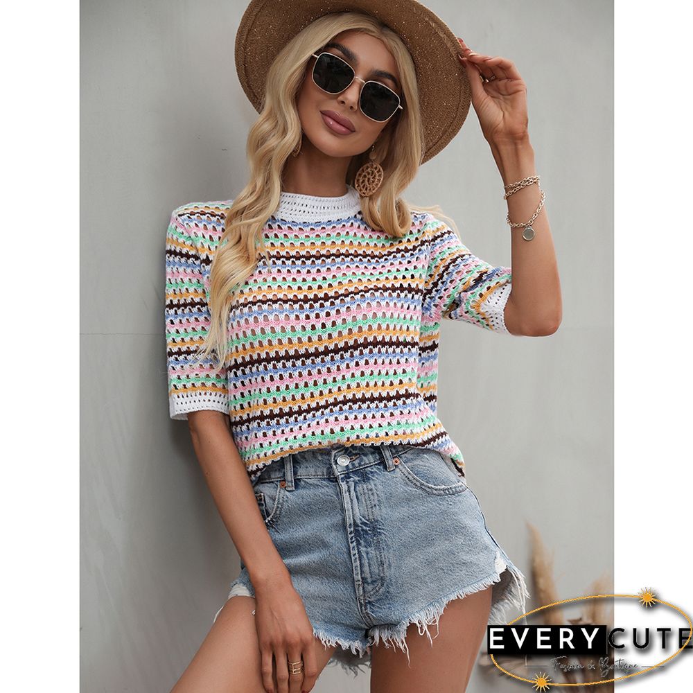 White Colorblock Striped Hollow Out Knit Sweater