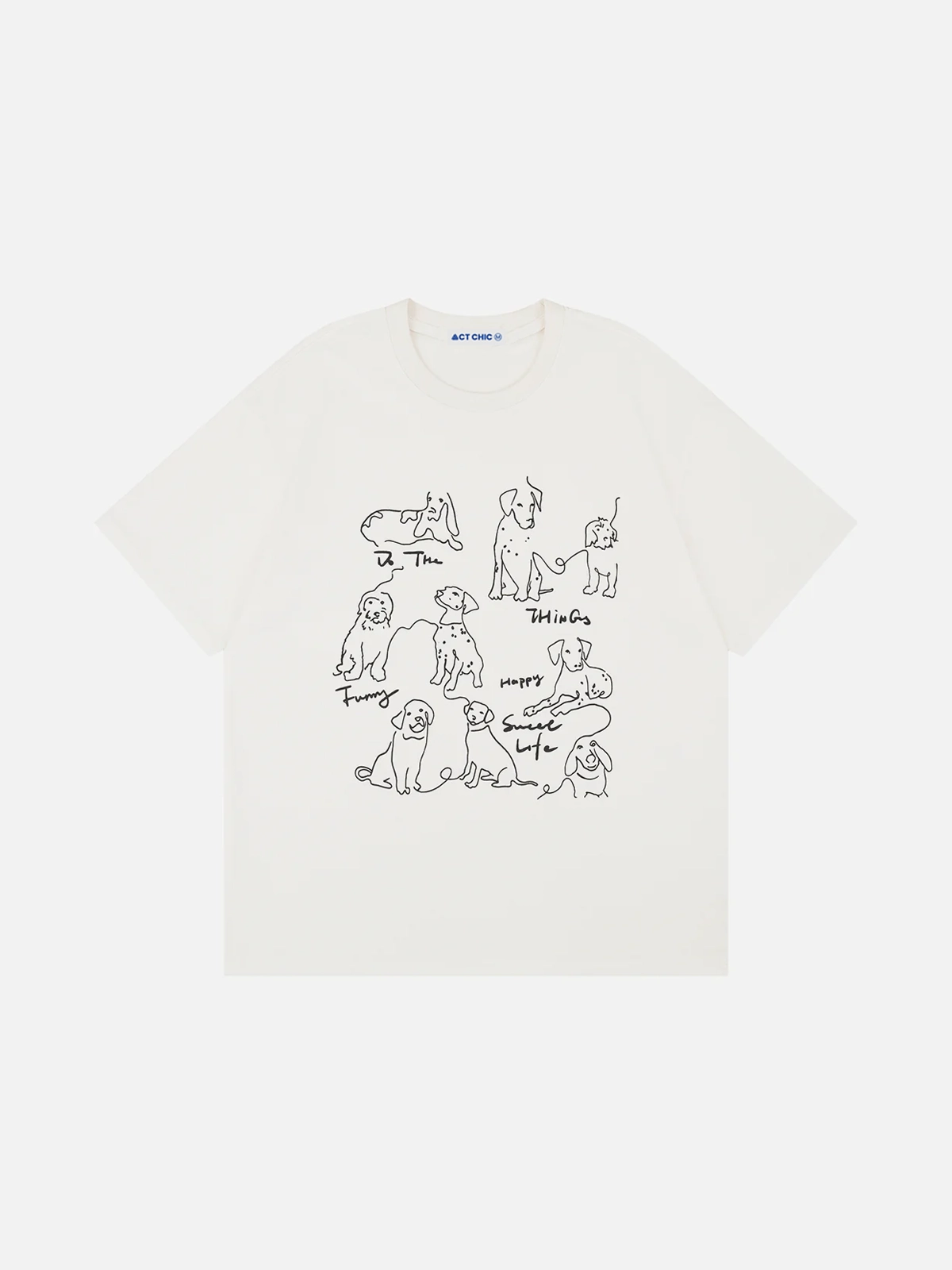 White Act Chic Line Cartoon Dog Graphic Tee Front