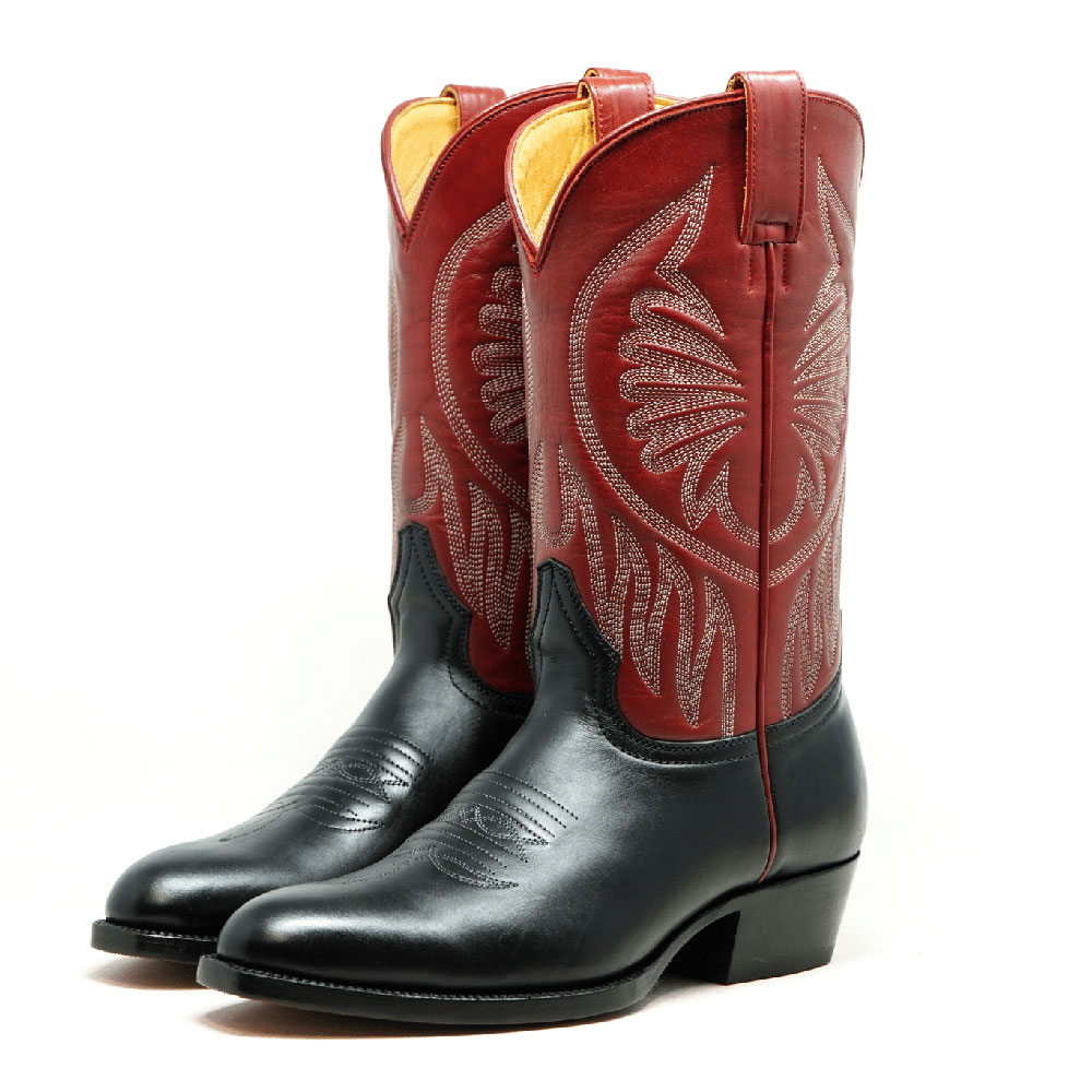Red & Black Patchwork Embroidered Block Heel Mid-Calf Cowgirl Boots Nicepairs