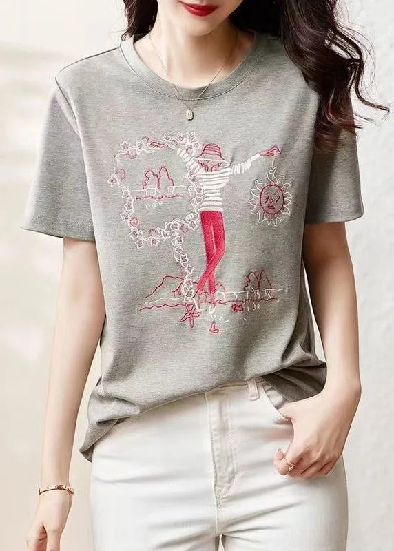 Women Grey O Neck Embroideried Patchwork Cotton T Shirt Summer