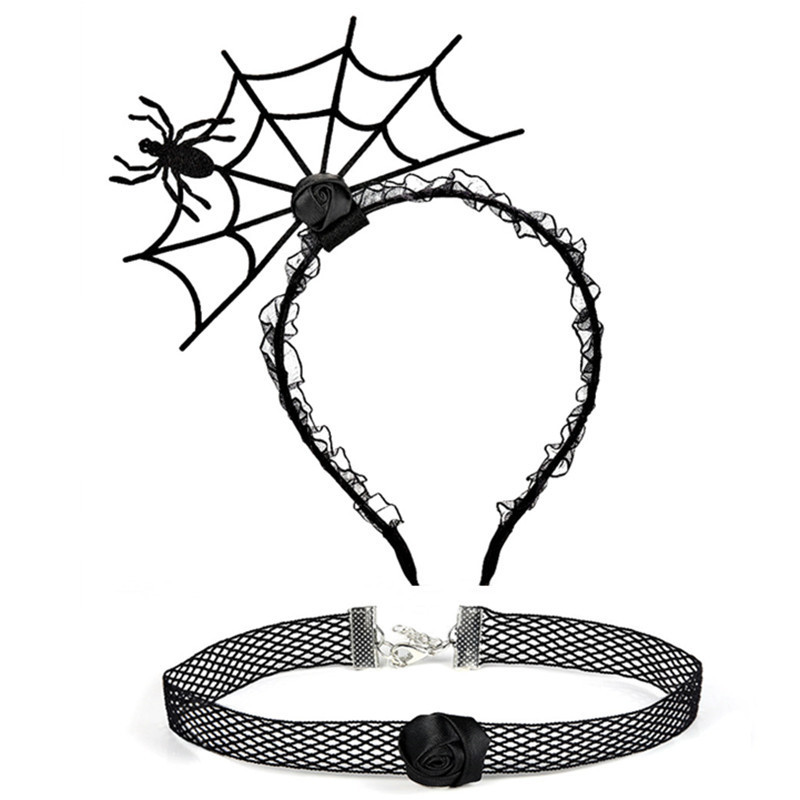Halloween Black Gothic Spider Web Rose Hair Band Choker Set 2024 - Flycurvy 