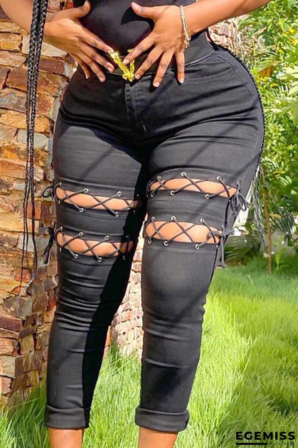 Black Casual Street Bandage Hollowed Out Patchwork High Waist Denim Jeans | EGEMISS