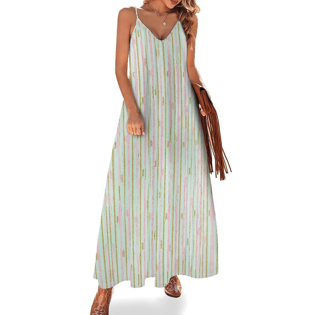 Style & Comfort for Mature Women Plus Size Printed Sling Casual Women Maxi Dress in Pattern Striped, Green, Pink