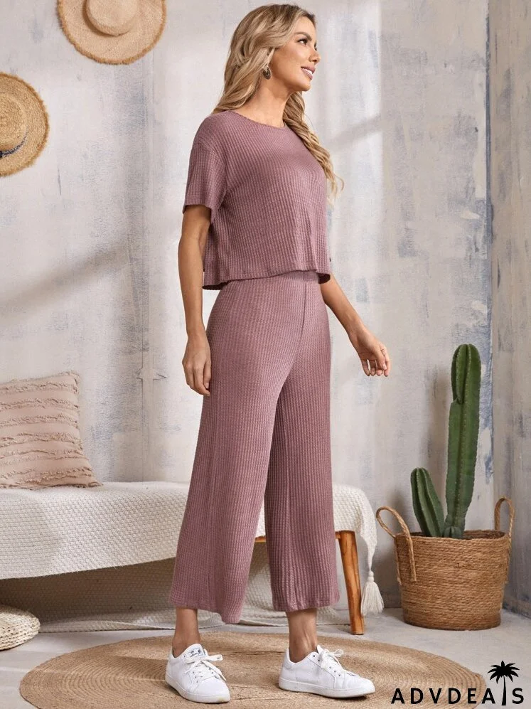 Drop Shoulder Waffle Knit Tee & Wide Leg Pants Set