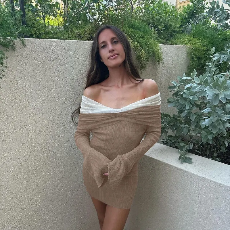 Uveng Uveng Women's Fall 2024 New French Temperament Sexy One Word Shoulder Color Knit Long Sleeve Dress