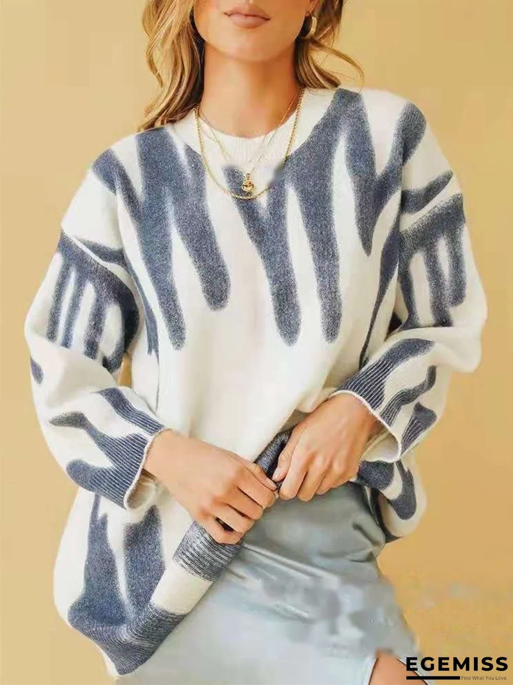 Loose Round Neck Print Pullover Sweater | EGEMISS
