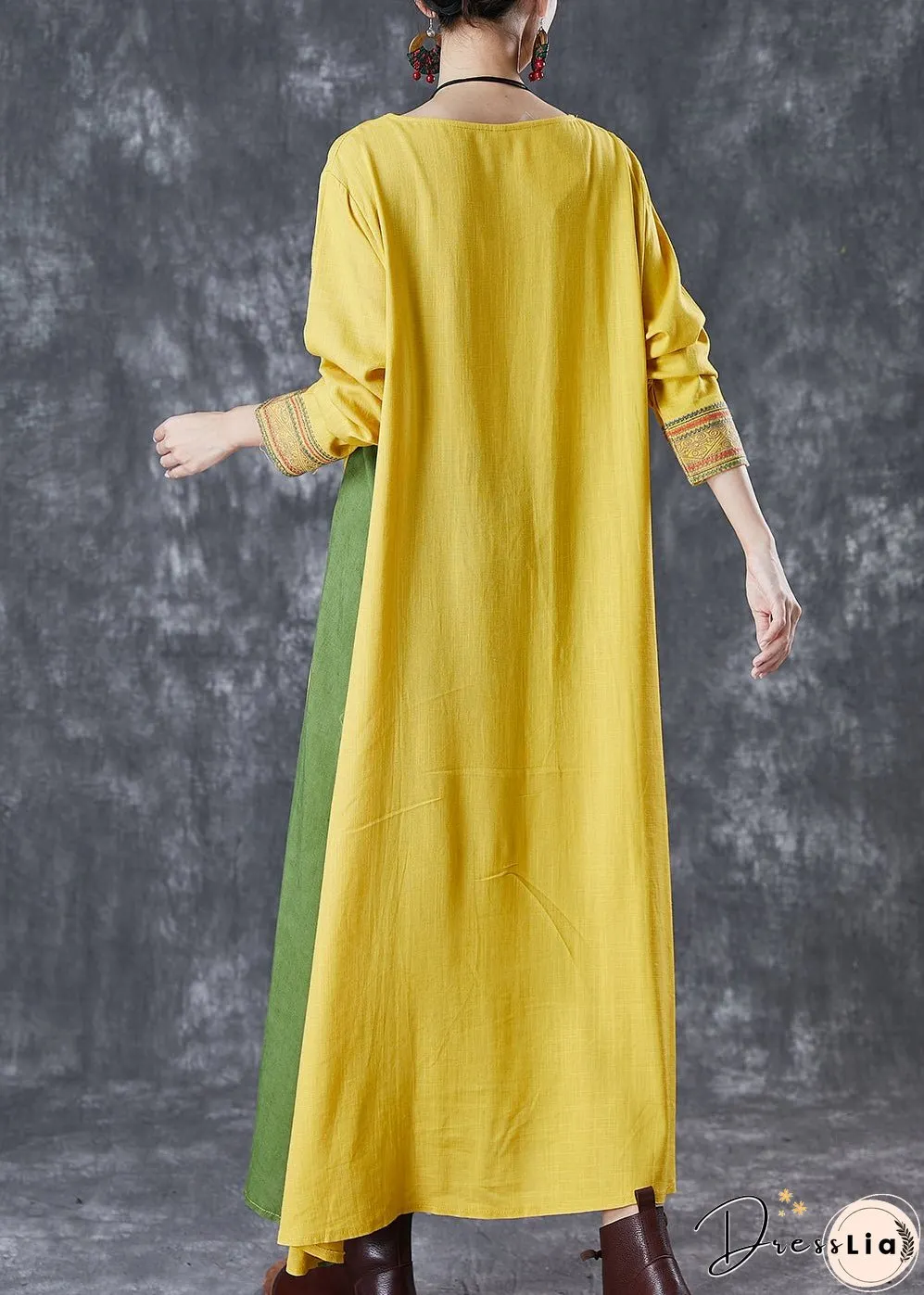 Modern Yellow Embroideried Patchwork Linen Maxi Dresses Spring