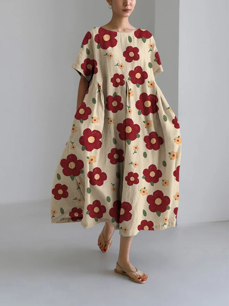 Women's Casual Red Flowers Print Long Sleeve Midi Dress Dress