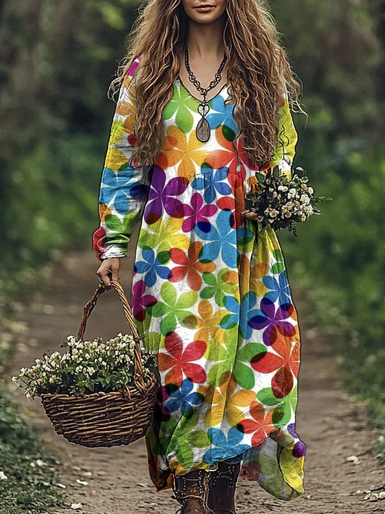 Colorful Retro Floral Pattern Printed Women's Pocket Cotton Dress