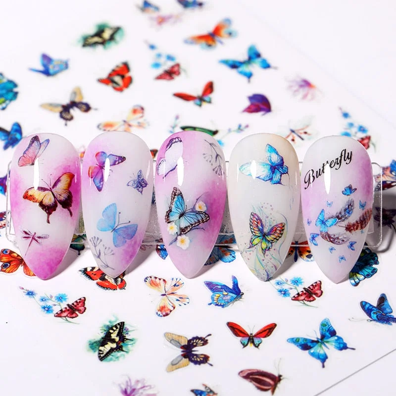 1PC 3D Butterfly Nail Sticker Spring Flower Leaves Alphabet Valentines's Day Transfer Foil Slider Nail Art Decoration Manicures