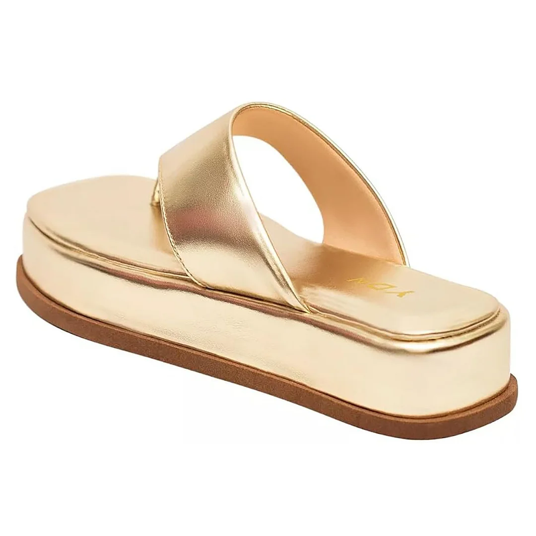 YDN Gold Vegan Leather Flip Flops Open Toe Platform Sandals