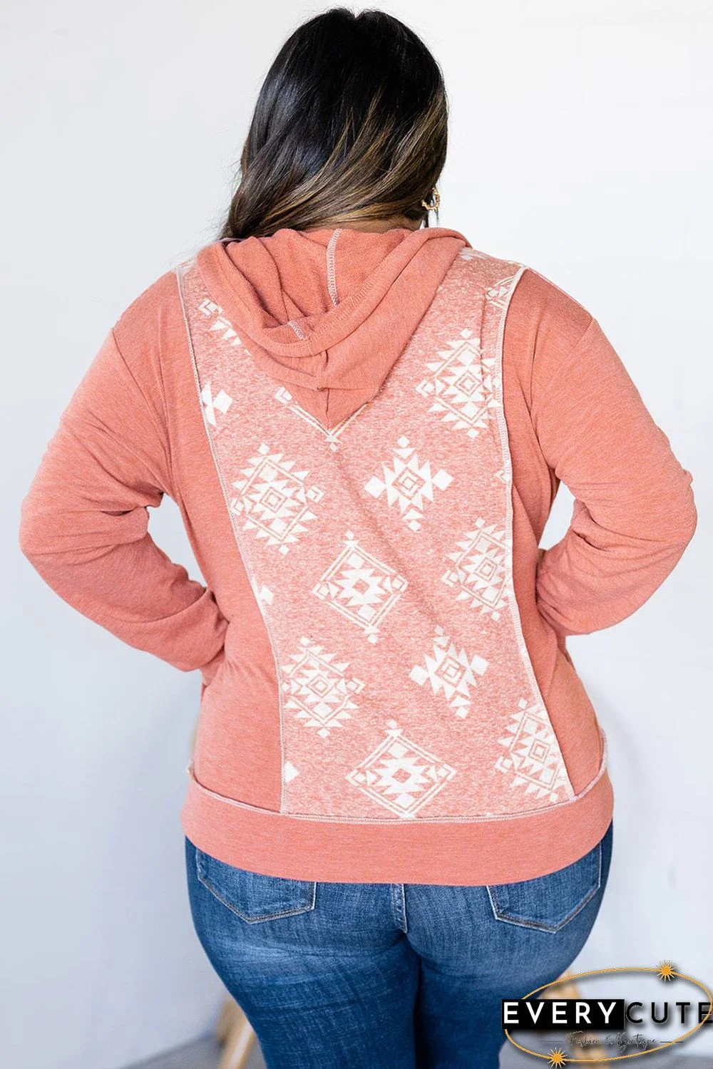 Orange Aztec Print Paneled Reverse Seam Trim Plus Size Hoodie
