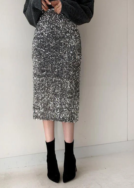Stylish Grey Elastic Waist Patchwork Sequins Skirts Summer