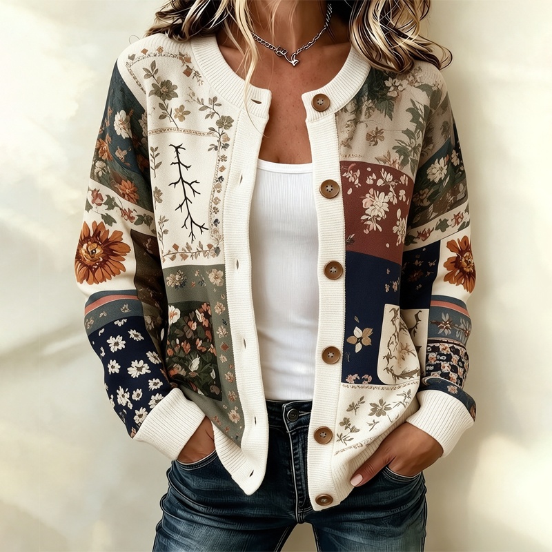 Comstylish Women's Western Bohemian Colorful Plant And Floral Patchwork Sweater Cardigan