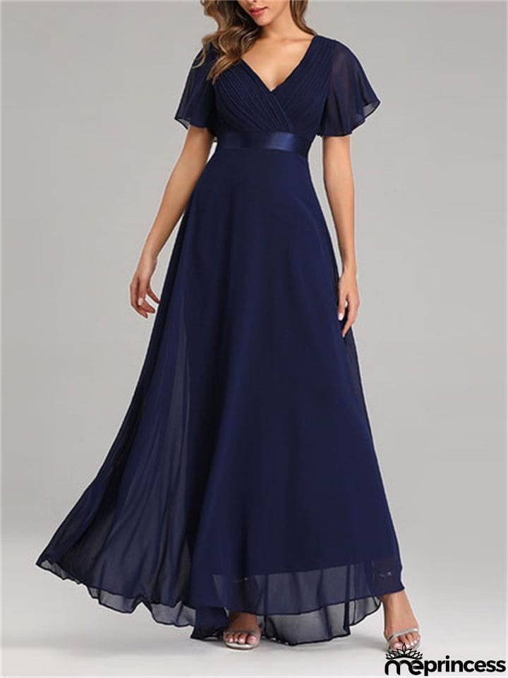 New Elegant V-Neck Ruffles Chiffon Formal Evening Gown Maxi Dresses