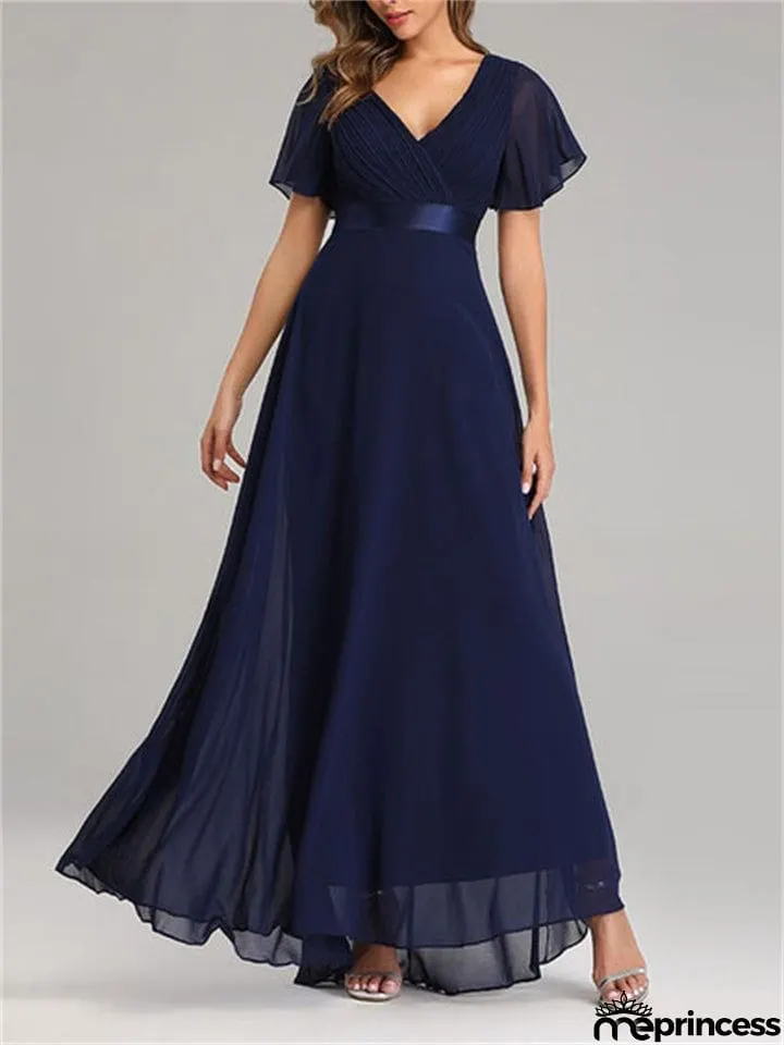 New Elegant V-Neck Ruffles Chiffon Formal Evening Gown Maxi Dresses