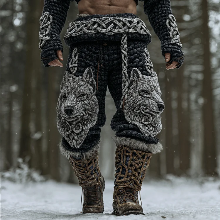 Men's Viking Celtic Knot Wolf Head Embroidery Thick Needle Thick Casual Pants