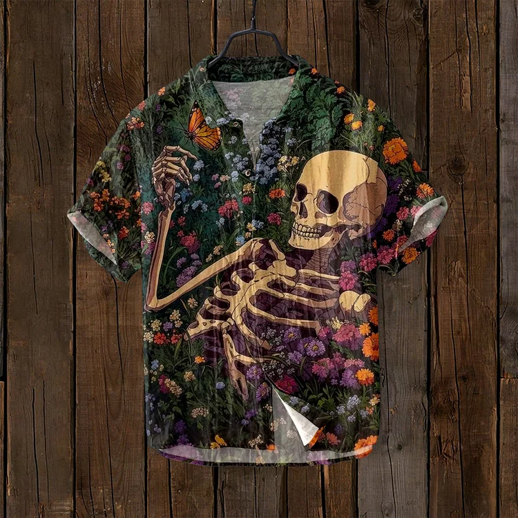 Simpfit Gemütliches Herrenhemd mit Vintage-Totenkopf- und Blumenmotiv, Nachahmung aus Nachahmung aus Baumwolle und Leinen