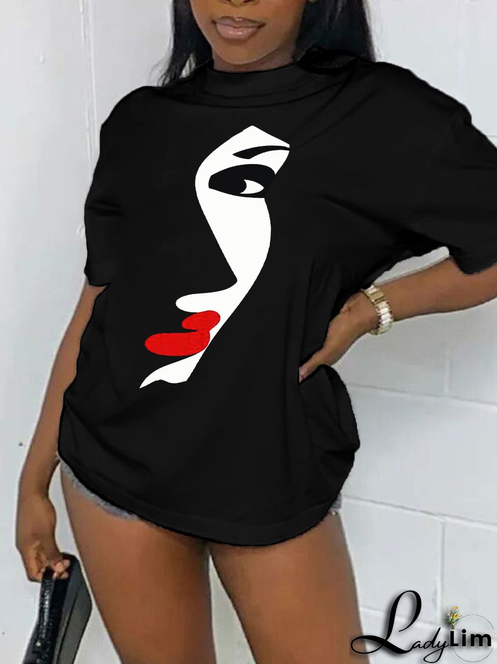 Black Casual Fashion Print Patchwork O Neck T-Shirts