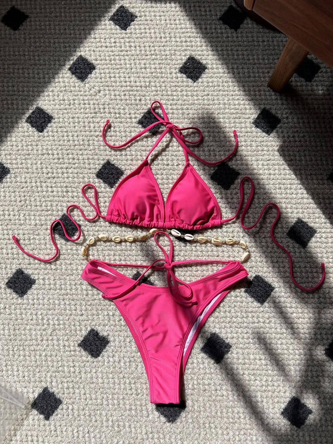 Uveng 2024 Plain Color New Sexy Shell Chain Swimsuit Bikini Bikini