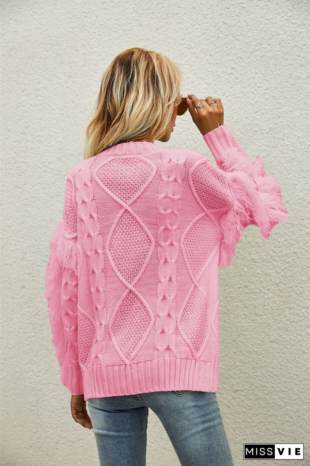 Round Neck Long Sleeve Cable Knit Design Sweater