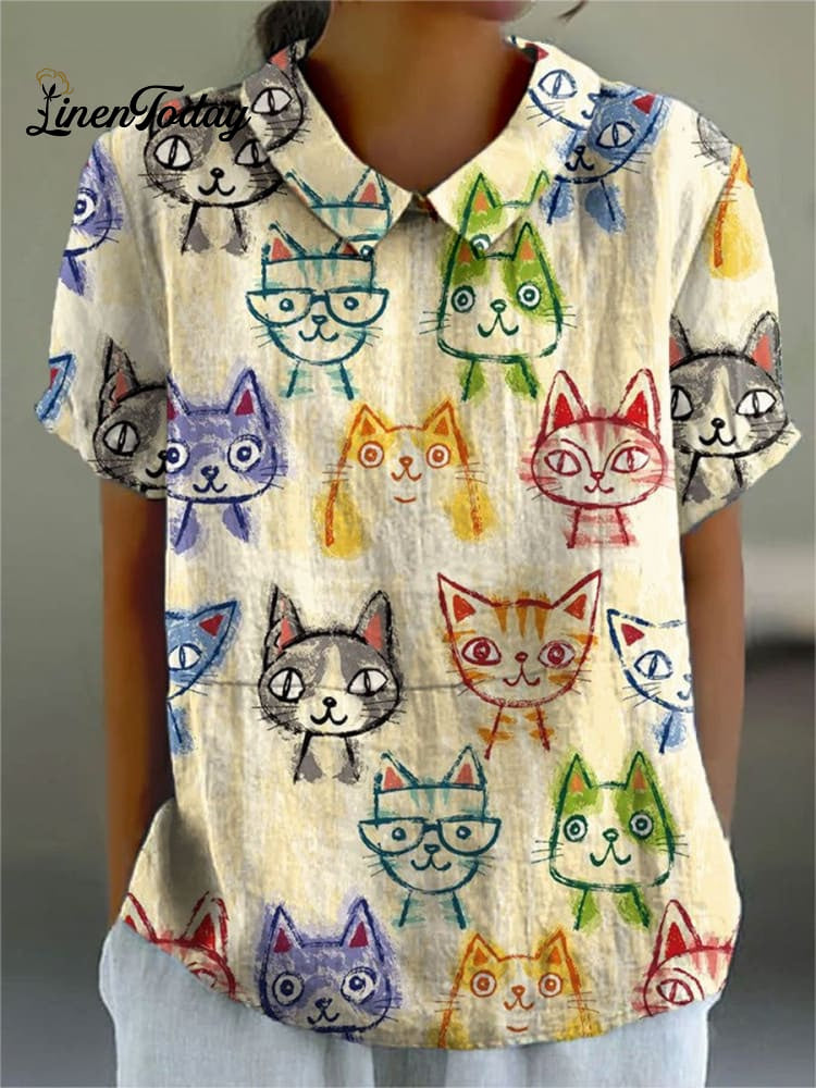 Women’s Cute Cat Art Print Casual Cotton And Linen Shirt Top4 / S