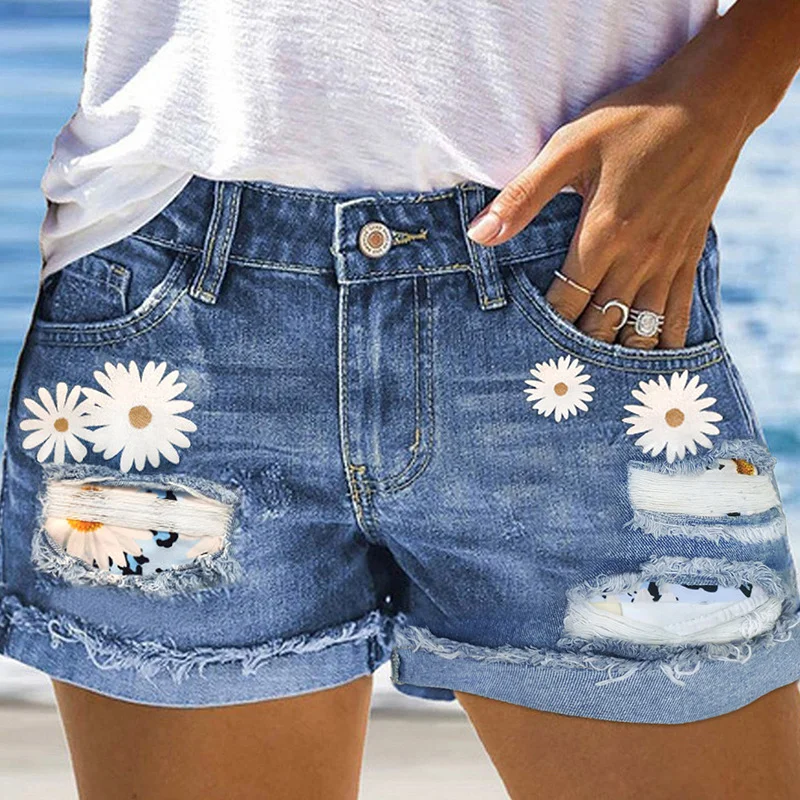 Women's Street Hipster Summer Denim Shorts Sexy Hot Pants with Floral Print