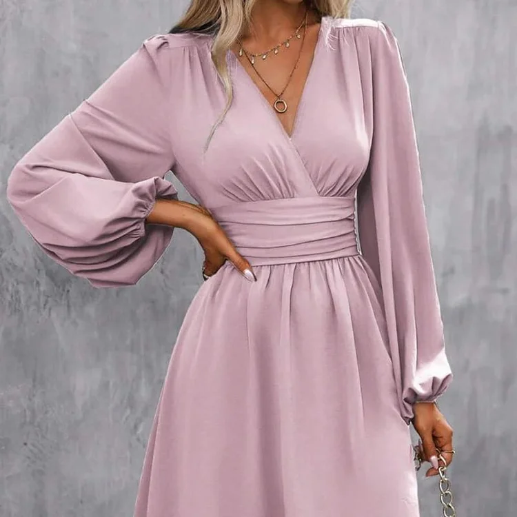 Women's Fashion Wrap V-Neck Empire Waist Lantern Sleeve Dress 