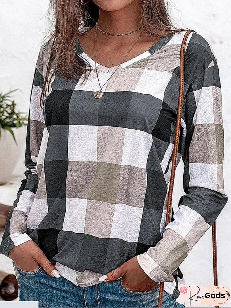 V Neck Checked/Plaid Casual Long Sleeve T-Shirt