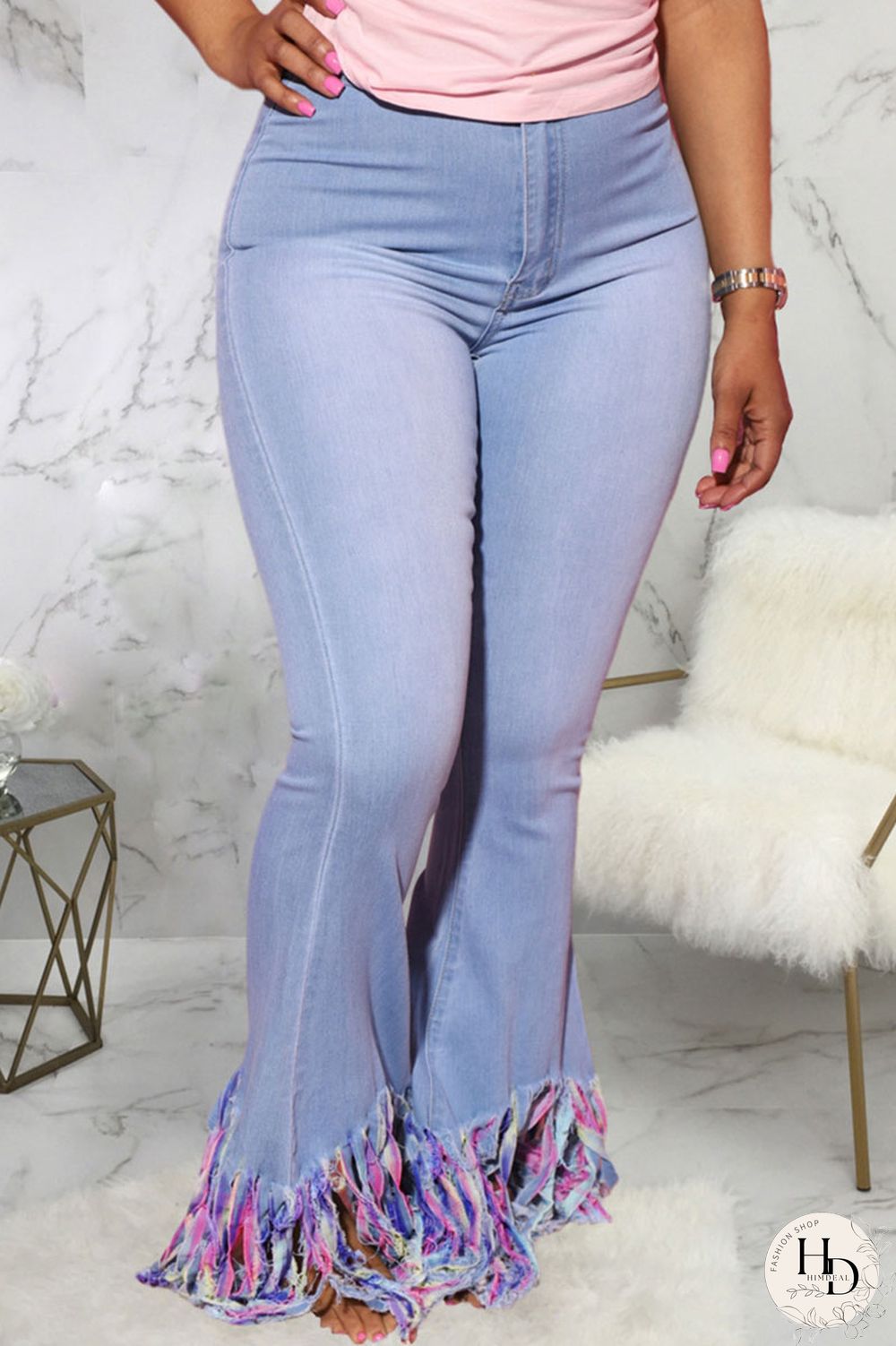 Baby Blue Sexy Solid Tassel Mid Waist Regular Denim