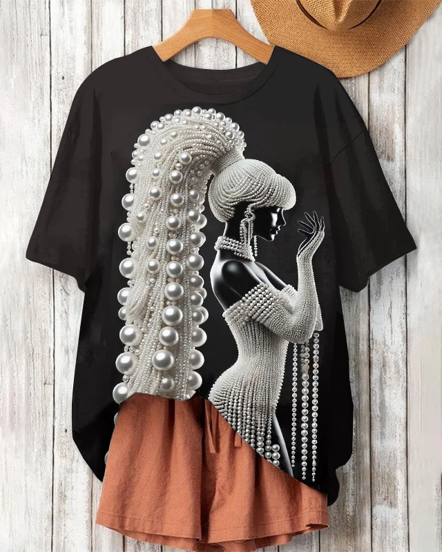 Black Girl Long Hair Pearl Crew Neck Short Sleeve Tshirt