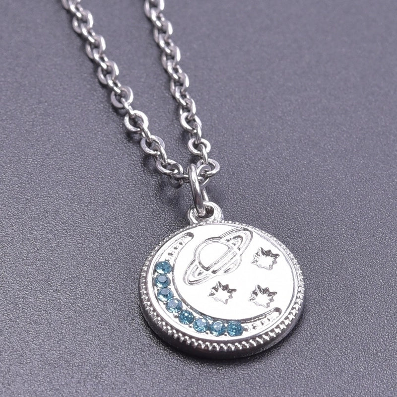 304 Stainless Steel 18K Gold Plated Basic Modern Style Classic Style Plating Inlay Geometric Moon Planet Rhinestones Pendant Necklace