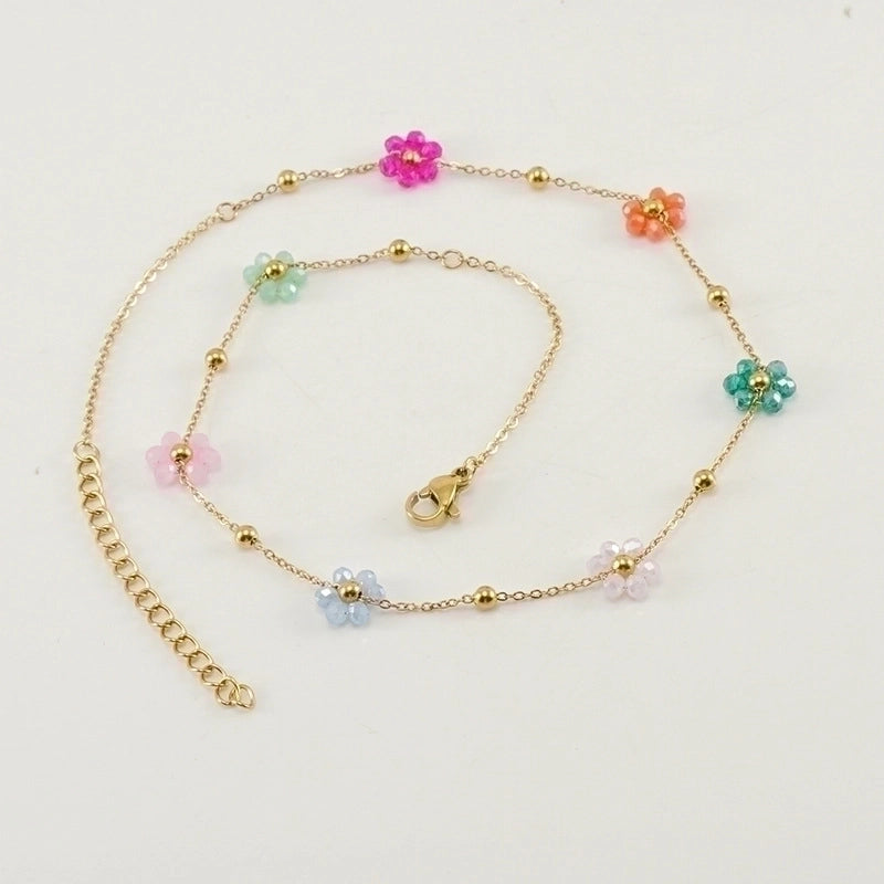 Fashion Flower Artificial Crystal Titanium Steel Beaded Plating 18k Gold Plated Bracelets Necklace