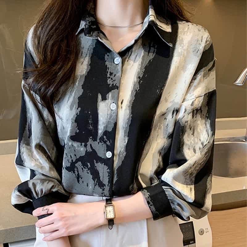 Vintage Ink Painting Long Sleeve Lapel Shirt Workwear