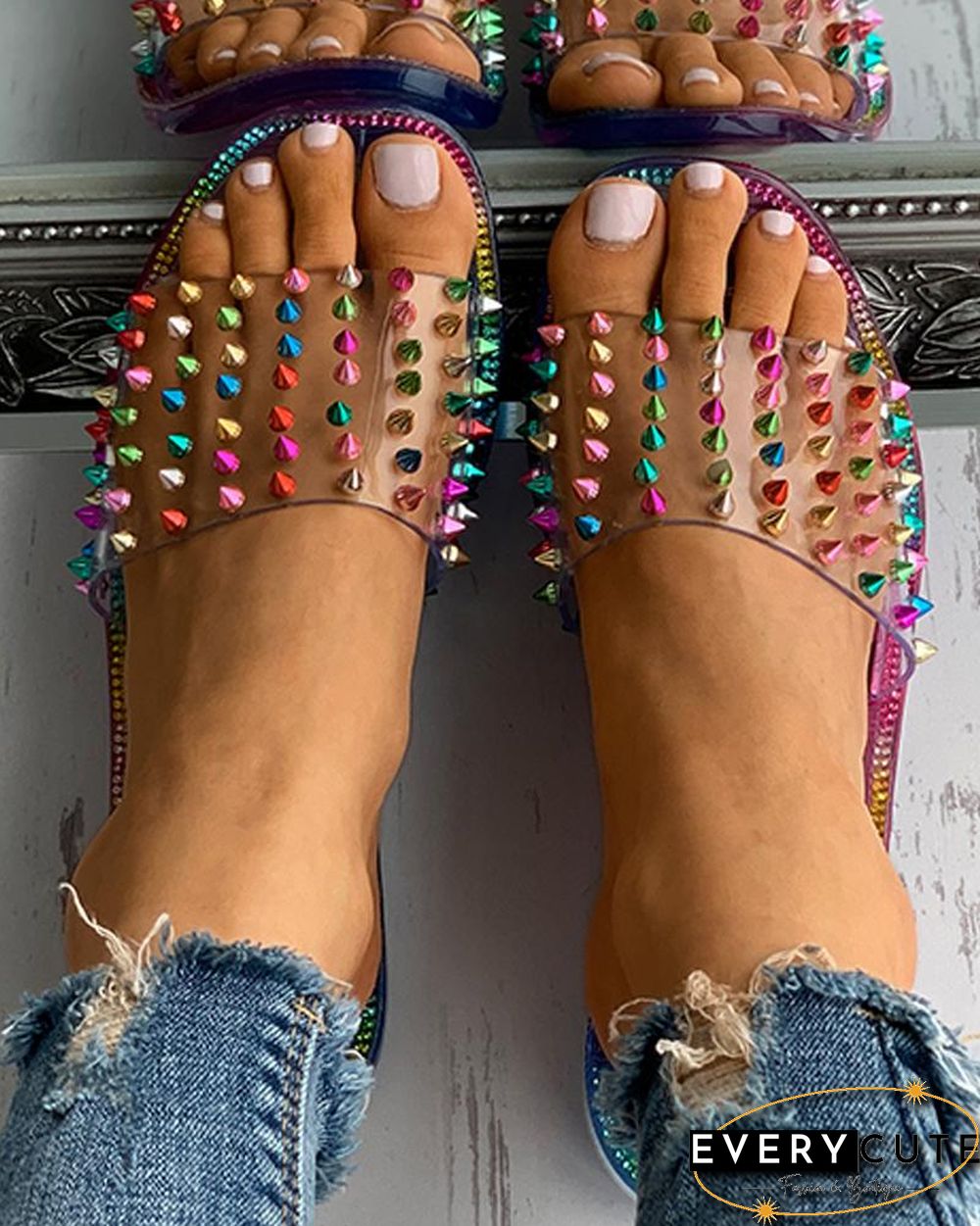 Colorblock Rivet Studded Square Toe Flat Sandals