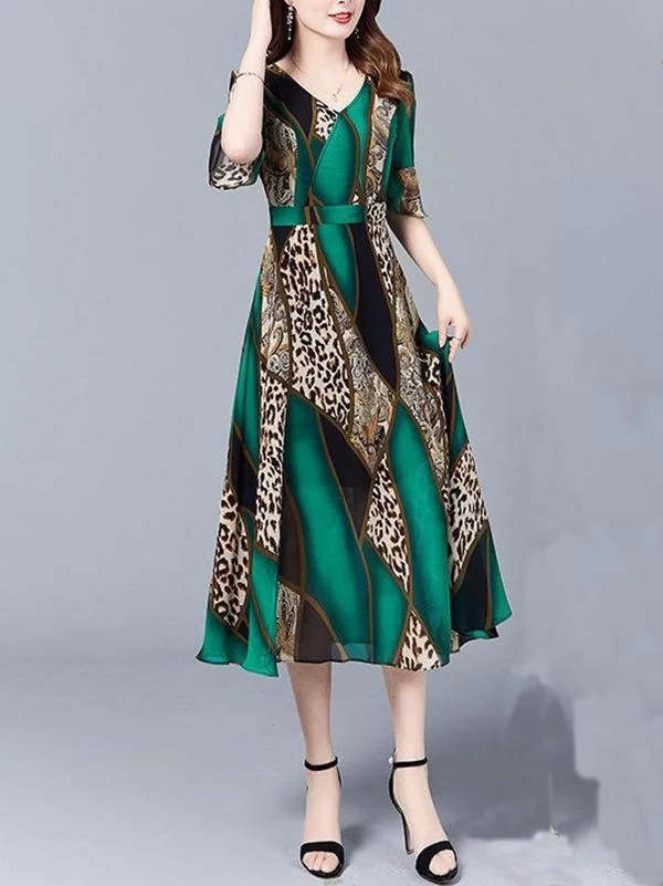 Print Short Sleeve V-neck Maxi Dress-Allyzone-Allyzone